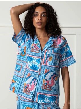 PRINTFRESH WOMENS TIDAL TAPESTRY PAJAMA LOUNGE TOP ONLY BLUE SMALL MERMAIDS